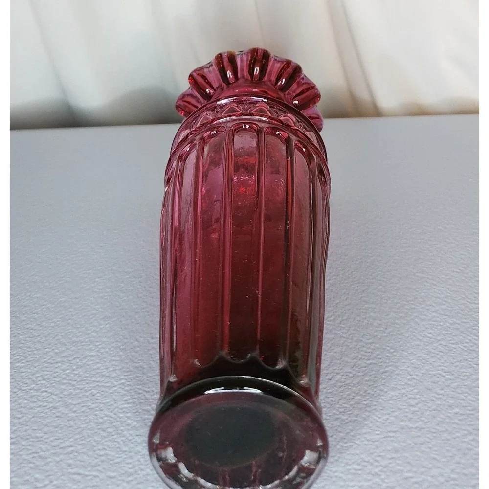 Vintage Cranberry Glass Vase Ruffled Rim Ribbed Pink Ruby